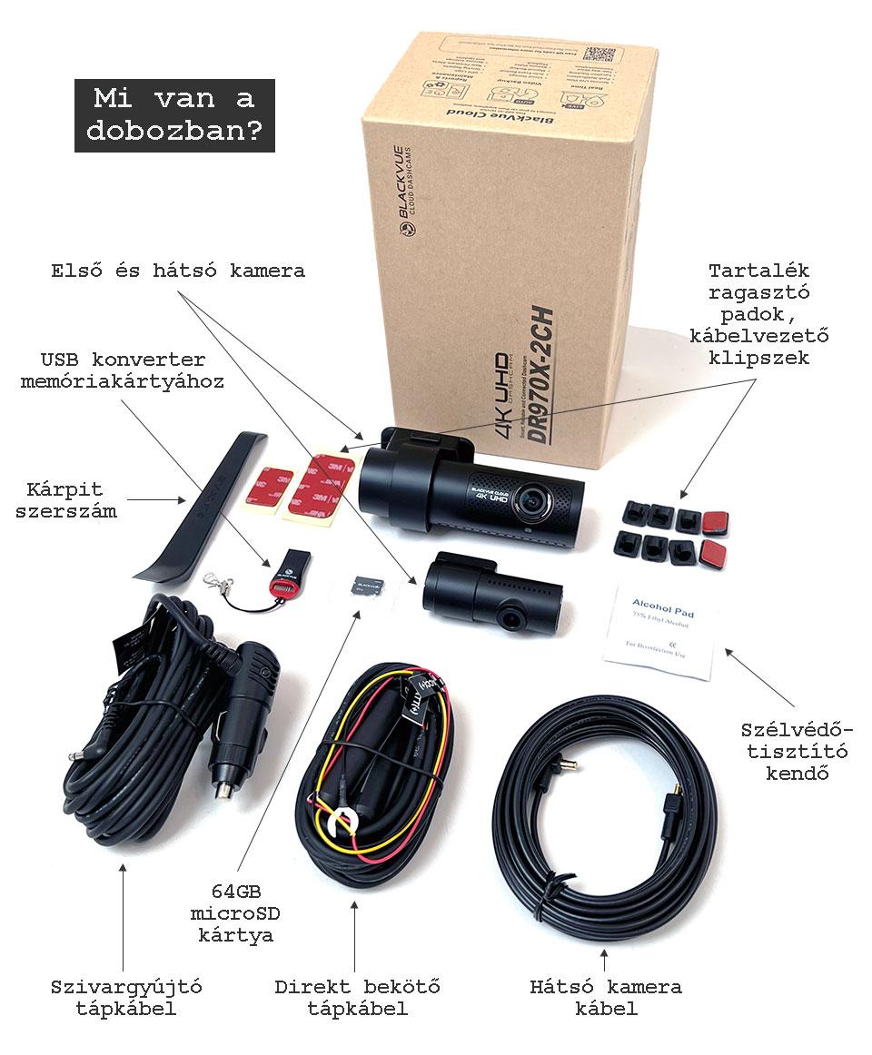 BlackVue DR970X-2CH autós kamera dobozának tartalma