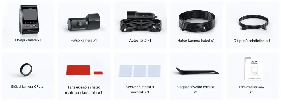 Viofo A329S 2CH doboz tartalma