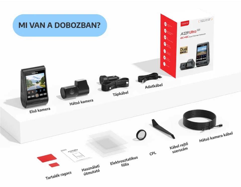 Viofo A229 Ultra 2CH autós kamera dobozának tartalma