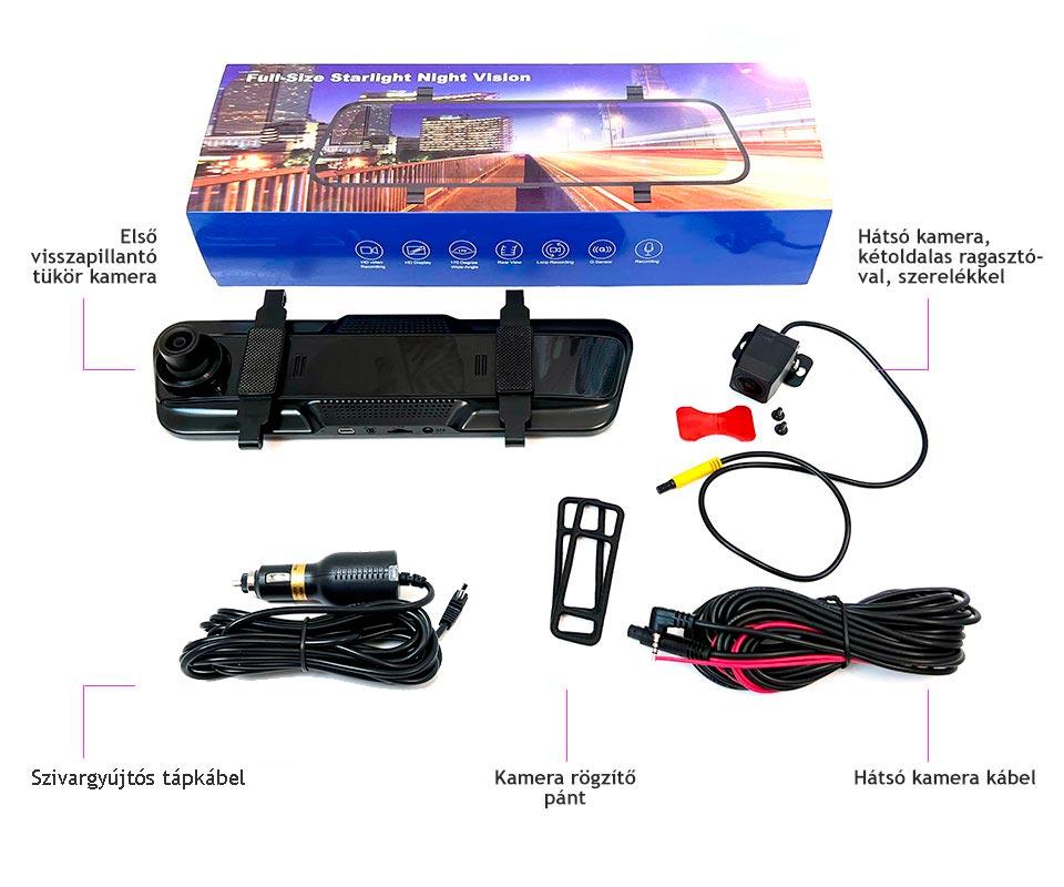 Tükörre szerelhető kamera dobozának tartalma